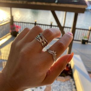 two PANDORA Princess Wishbone + Sparkling & Polished Lines Rings in Silver